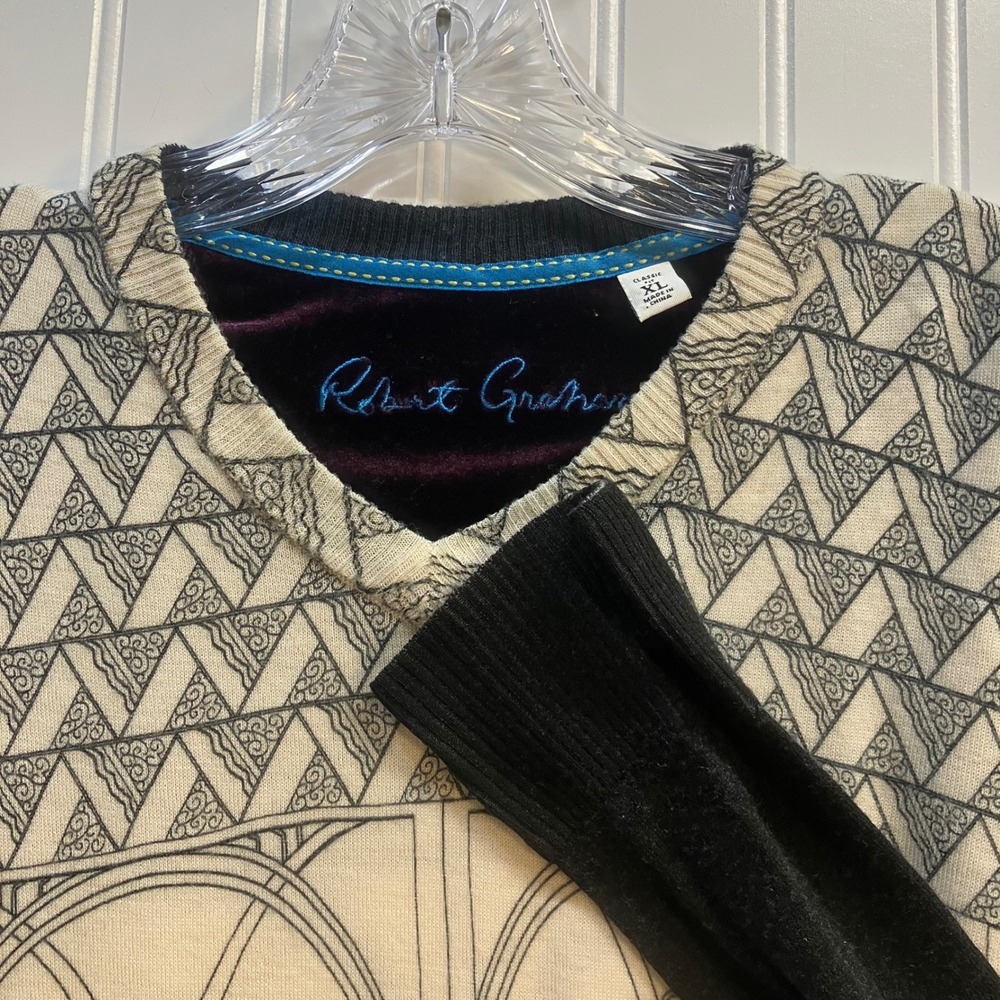 Robert Graham Mens XL Merino Wool Art Deco Ombre V-Neck Sweater Black Cream